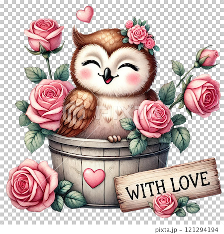 A cute owl with roses, radiating love and happiness. Valentine cartoon character. A cute owl with roses, radiating love and happiness. Valentine cartoon character. 121294194