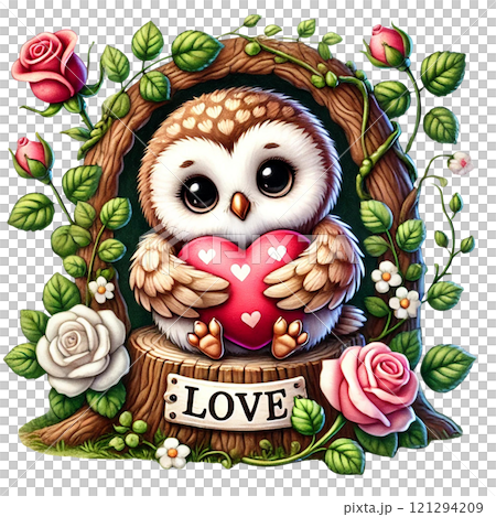Cute owl holding a heart surrounded by flowers and greenery. Valentine cartoon character. 121294209