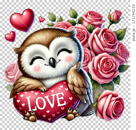 Cute owl holding a heart surrounded by pink roses and hearts. Valentine cartoon character. 121294210