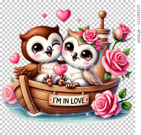 Two adorable owls in a boat surrounded by roses, symbolizing love. Valentine cartoon character. 121294225