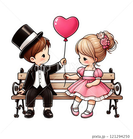 A boy gives a girl a heart-shaped balloon. Greeting card for Valentine's Day 121294250
