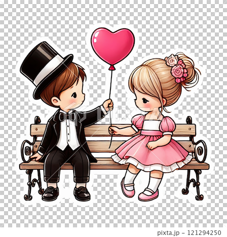 A boy gives a girl a heart-shaped balloon. Greeting card for Valentine's Day 121294250