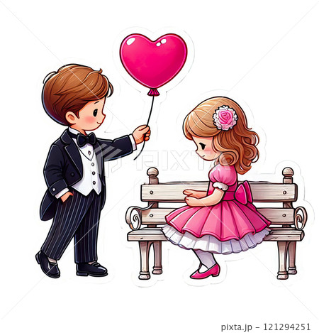 A boy gives a girl a heart-shaped balloon. Greeting card for Valentine's Day A boy gives a girl a heart-shaped balloon. Greeting card for Valentine's Day 121294251