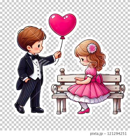 A boy gives a girl a heart-shaped balloon. Greeting card for Valentine's Day A boy gives a girl a heart-shaped balloon. Greeting card for Valentine's Day 121294251