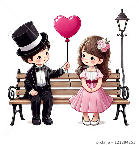 A boy gives a girl a heart-shaped balloon. Greeting card for Valentine's Day 121294253