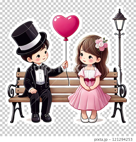 A boy gives a girl a heart-shaped balloon. Greeting card for Valentine's Day 121294253
