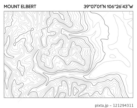 Topographic map of Mount Elbert with precise elevation lines and geographic coordinates for exploration. Topographic map vector. Topographic map of Mount Elbert with precise elevation lines and geographic coordinates for exploration. Topographic map vector. 121294311