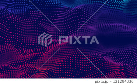 Colorful abstract wave pattern with flowing dots and dynamic gradient, technology and data visualization. Colorful abstract wave pattern with flowing dots and dynamic gradient, technology and data visualization. 121294336