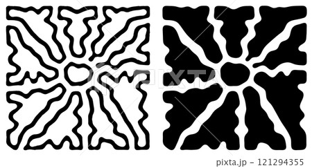 Abstract groovy sun design with organic black and white shapes in a bold geometric pattern Abstract groovy sun design with organic black and white shapes in a bold geometric pattern 121294355