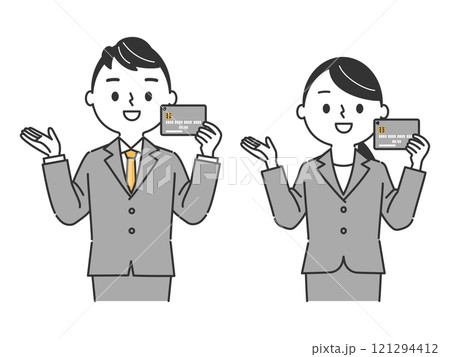 クレジットカードを持っているスーツを着た男性女性のイラスト 121294412