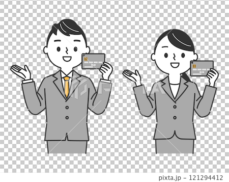 クレジットカードを持っているスーツを着た男性女性のイラスト 121294412