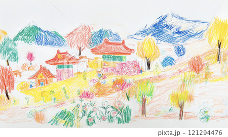 クレヨンで描いた日本の春の野山の風景画 AI画像のイラスト素材