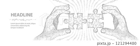 Two connected puzzles and two hands. Partner collaborate, cooperate implement 121294480