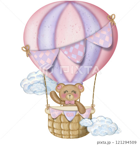 Teddy bear character cute baby girl, Hand drawn pastel color for baby newborn childish greeting cards or invitations. Colorful drawing. 121294509