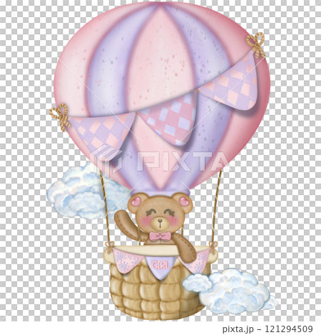 Teddy bear character cute baby girl, Hand drawn pastel color for baby newborn childish greeting cards or invitations. Colorful drawing. 121294509