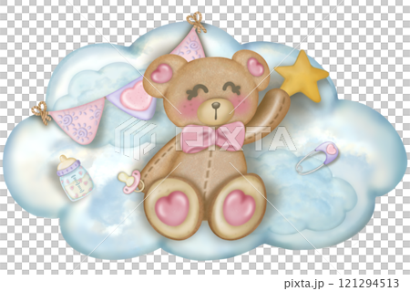 Teddy bear character cute baby girl, Hand drawn pastel color for baby newborn childish greeting cards or invitations. Colorful drawing. 121294513