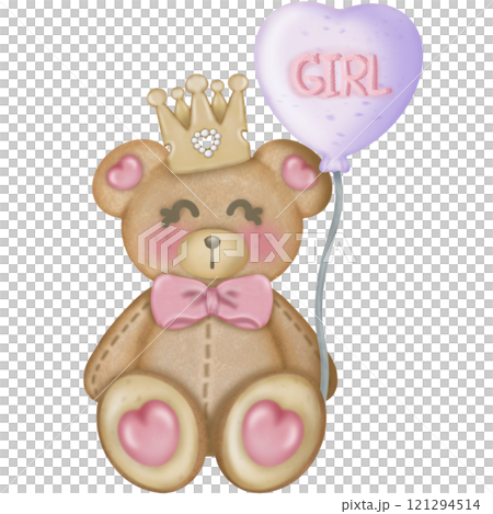 Teddy bear character cute baby girl, Hand drawn pastel color for baby newborn childish greeting cards or invitations. Colorful drawing. 121294514