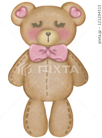 Teddy bear character cute baby girl, Hand drawn pastel color for baby newborn childish greeting cards or invitations. Colorful drawing. 121294515