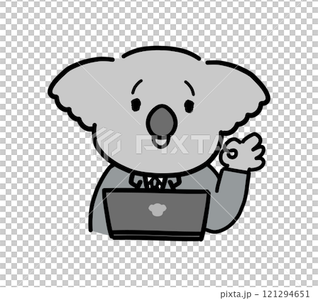 Koala character looking at a computer and making an OK sign 121294651