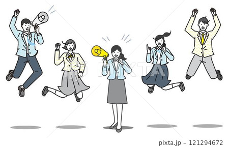 メガホンを持って応援する先生とジャンプする男女の学生-受験生応援ー人物シンプルベクターイラスト素材 メガホンを持って応援する先生とジャンプする男女の学生-受験生応援ー人物シンプルベクターイラスト素材 121294672