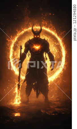 demon with burning sword and fiery eyes stands tall 121294880
