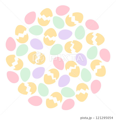 Cracked eggshells and colorful Easter Eggs Circle frame in trendy soft shades. Festive background 121295054