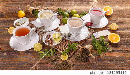 Four teacups with different teas 121295115