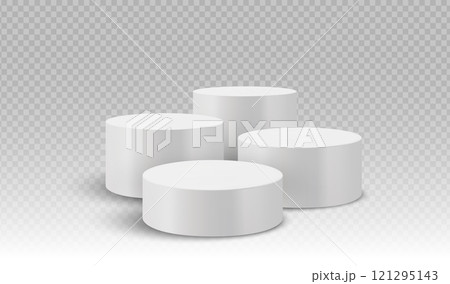 Cluster of four cylindrical podiums with even heights on a transparent background. Stage showcase platforms vector. 121295143