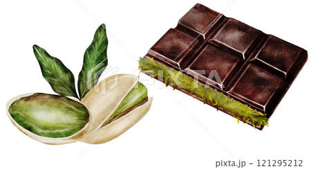 Chocolate Dubai watercolor set. Hand drawn dark chocolate bar filled with kataifi and pistachio paste on isolated white background. Clip art of sweet dessert. Ideal for logo and packaging of sweets 121295212