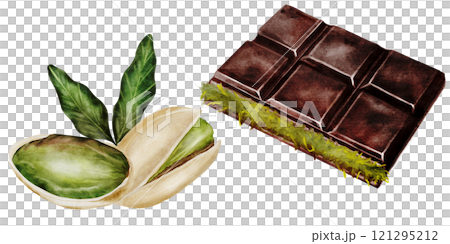 Chocolate Dubai watercolor set. Hand drawn dark chocolate bar filled with kataifi and pistachio paste on isolated white background. Clip art of sweet dessert. Ideal for logo and packaging of sweets 121295212