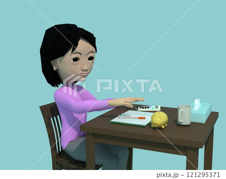 マネー・机に向かって電卓を操作する女性 121295371