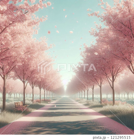 春風に舞う桜並木の穏やかな光景 121295515