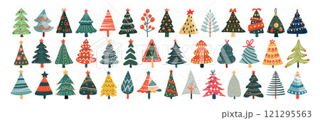 Set of isolated Christmas trees in cute doodle hand-drawn style on a transparent background. Volume 3: Vivid red, green and yellow color tones. 121295563