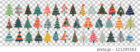 Set of isolated Christmas trees in cute doodle hand-drawn style on a transparent background. Volume 3: Vivid red, green and yellow color tones. 121295563