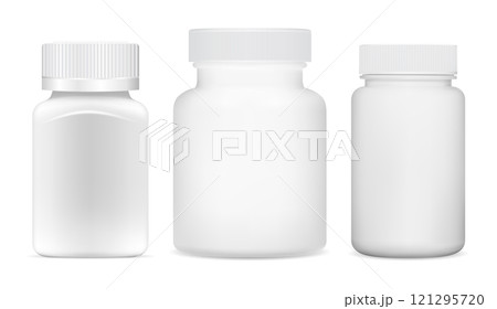 White pill bottle mockup. Pharmacy supplement jar 121295720