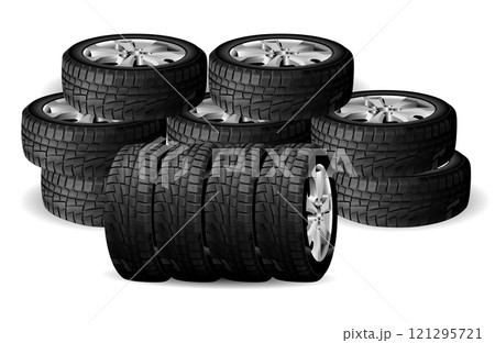 Winter tire stack. Car wheel rubber close-up, vector Winter tire stack. Car wheel rubber close-up, vector 121295721