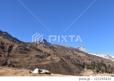 Four Girls Mountain or Siguniangshan as know as Switzerland travel location of China with sky background 121295810