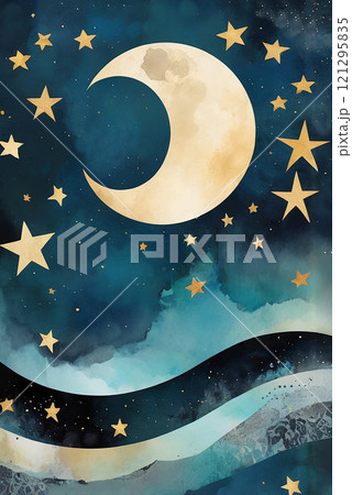 三日月 キラキラ 夜空 星 月 水彩画 イラスト アートのイラスト素材