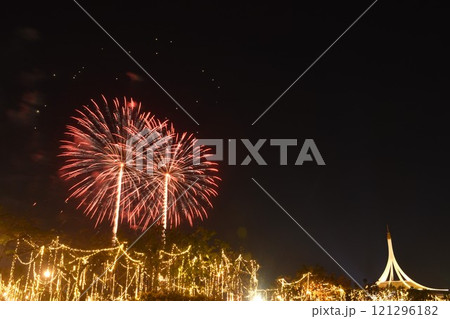 celebration fireworks and lighting at Suan Luang Rama 9 public park in Thailand on night  121296182