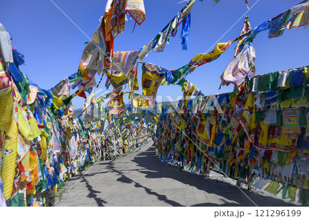Fluttering pieces of cloth with sacred texts - 'Him Morin' - symbols of Buddhism Fluttering pieces of cloth with sacred texts - 'Him Morin' - symbols of Buddhism 121296199