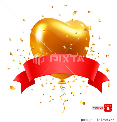3d Gold Balloon Heart and Red Ribbon 121296377