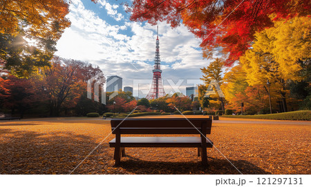 秋の紅葉に包まれた東京タワーと静かな公園の. 121297131