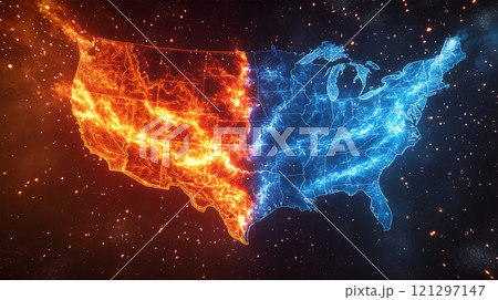 炎と氷に分かれたアメリカ合衆国の地図 121297147