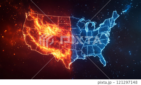 炎と氷に分かれたアメリカ合衆国の地図 121297148