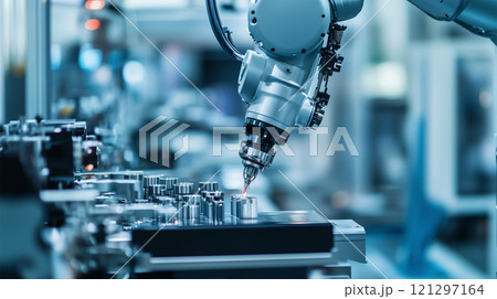 AIロボットアームが工場で精密機械を操作 AIロボットアームが工場で精密機械を操作 121297164
