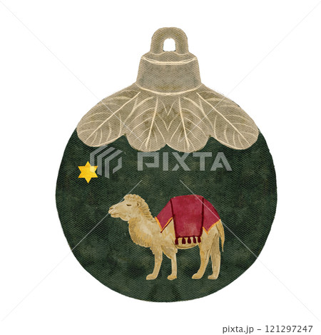 Christmas green tree ball with a star and a camel isolated on white in watercolor. Illustration for textile, cards, Christmas, new year, invitations, posters, stickers, posters, totes decor. Nativity Christmas green tree ball with a star and a camel isolated on white in watercolor. Illustration for textile, cards, Christmas, new year, invitations, posters, stickers, posters, totes decor. Nativity 121297247