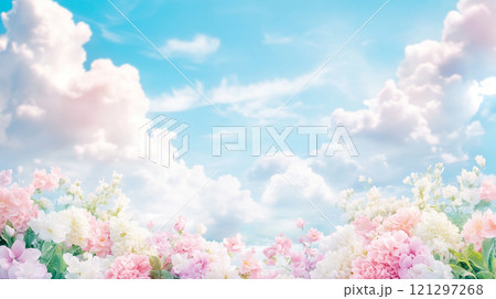 雲の隙間から見える青空の下のカラフルな花々 雲の隙間から見える青空の下のカラフルな花々 121297268