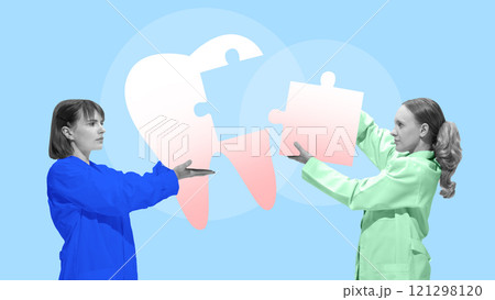 Poster. Contemporary art collage. Two doctors assembling puzzle tooth, symbolizing teamwork and problem-solving in dental treatment under insurance. Poster. Contemporary art collage. Two doctors assembling puzzle tooth, symbolizing teamwork and problem-solving in dental treatment under insurance. 121298120