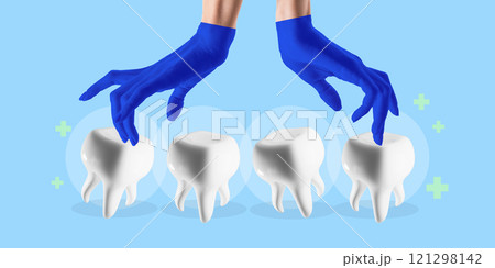 Poster. Contemporary art collage. Blue-gloved hands carefully selecting teeth, representing precision in dental care and check-ups. 121298142