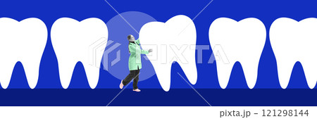 Banner. Contemporary art collage. Dentist supporting large tooth, symbolizing comprehensive dental coverage and restorative services. 121298144
